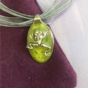 Whimsical Ribbon Spoon Necklace with frog charm inlay